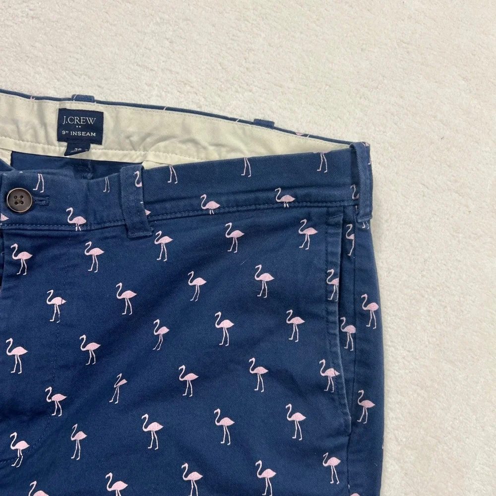 J Crew Mens 36 Navy Blue Pink Flamingo Embroidered Chino Shorts 9 Inseam Cotton